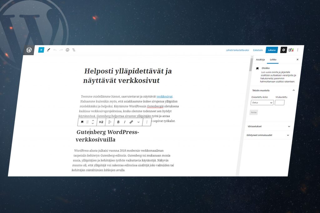 WordPress-verkkosivujen Gutenberg editori tietokoneen näytöllä.