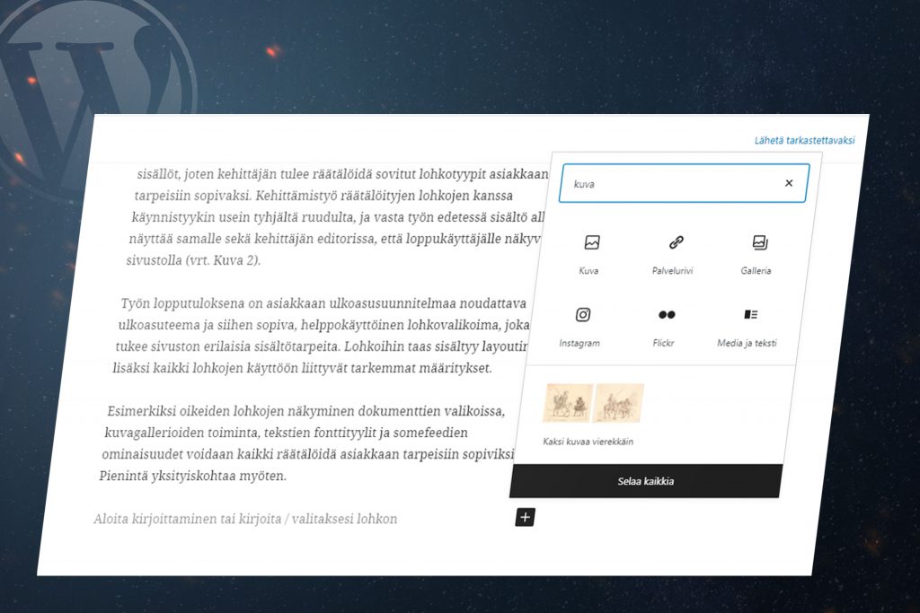 WordPress-verkkosivujen Gutenberg editori tietokoneen näytöllä kuvien lisäys lohkoon.