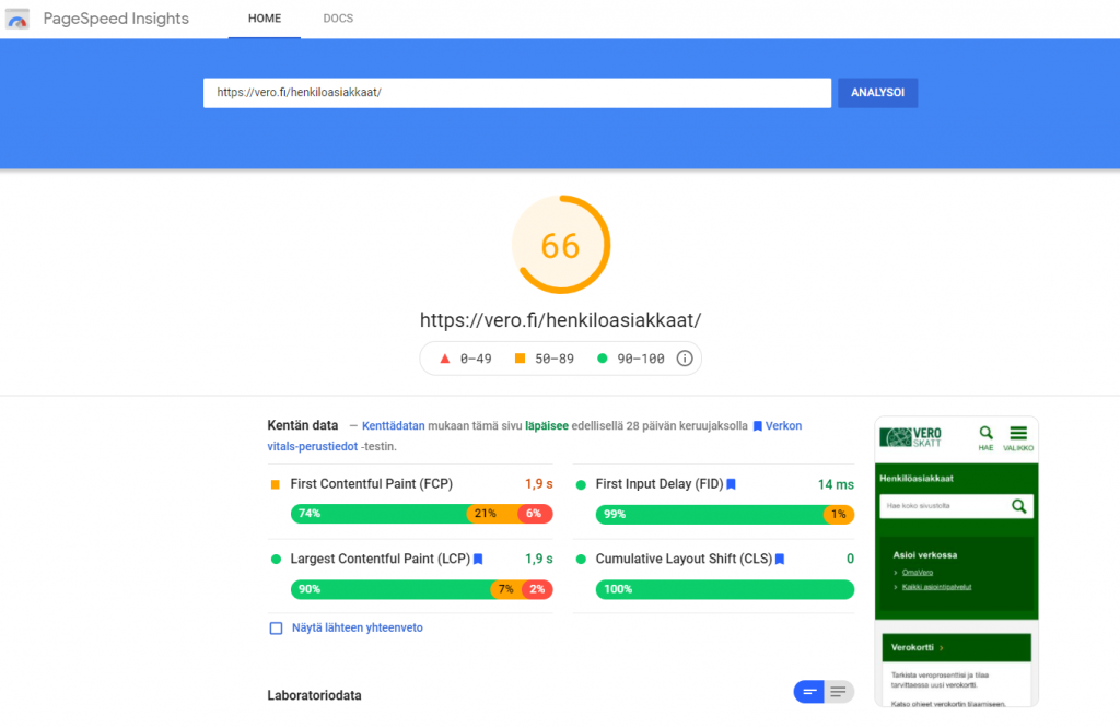 Kuvankaappaus Page Speed Insights -työkalusta.