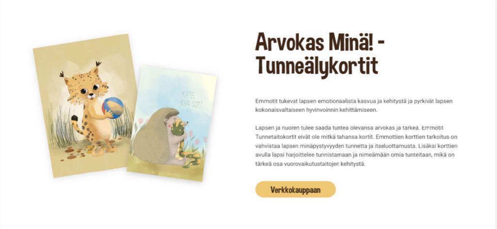 Kuvakaapappaus Emmotit Oy:n verkkosivuilta Arvokas Minä -tunneälykorteista.