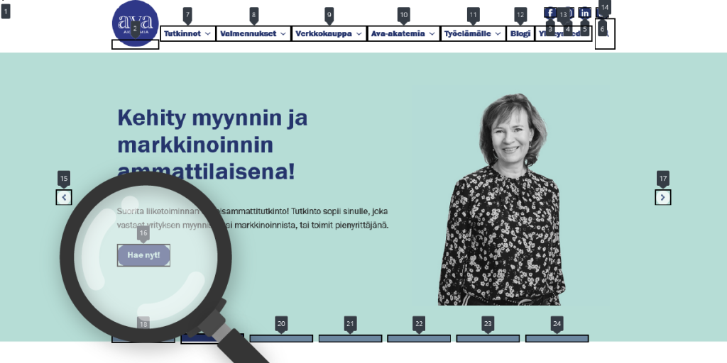 Kuva havainnollistaa, että Ava-akatemian verkkosivujen saavutettavuutta tutkittiin ruudunlukijalla.