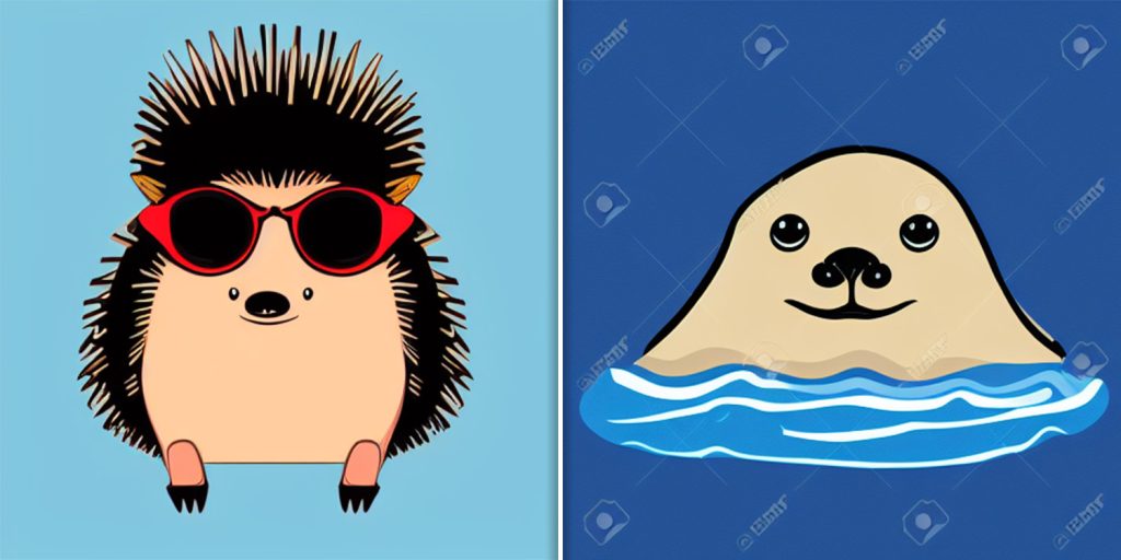 Vasemmalla “hedgehog with sunglasses, vector art” ja oikealla paras hyljekuva jonka sain pienellä vaivalla generoitua.