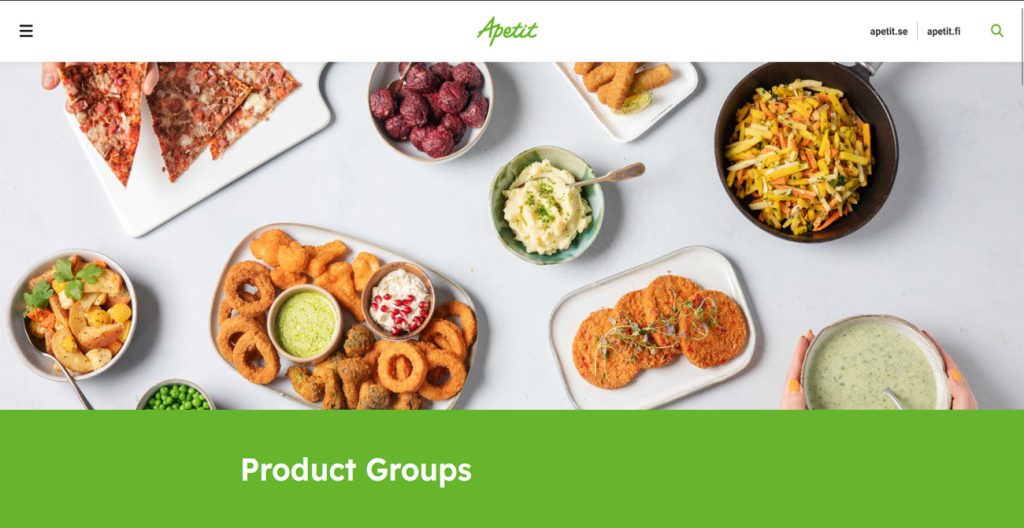 Apetit.com sivuston tuoteryhmälohko, jossa esitellään erilaisia ruokia.