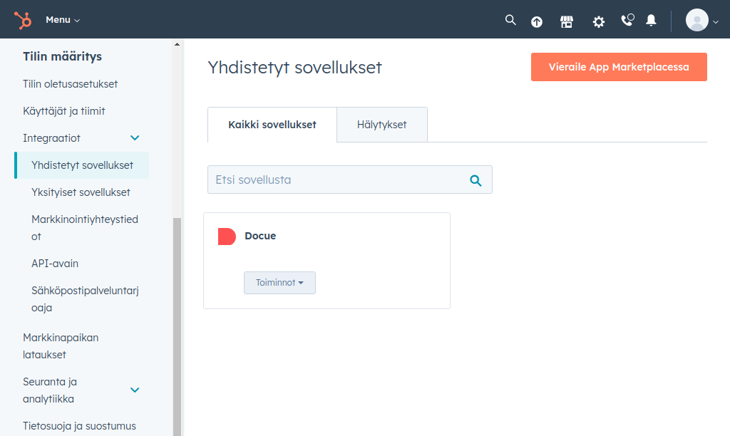 HubSpot & Docue -integraatiolisäosa HubSpotin hallinassa.