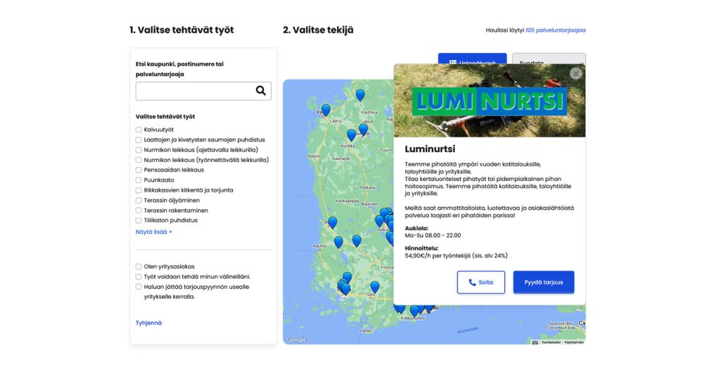 Piha-Online-sovelluksen kuvakaappaus karttanäkymästä.